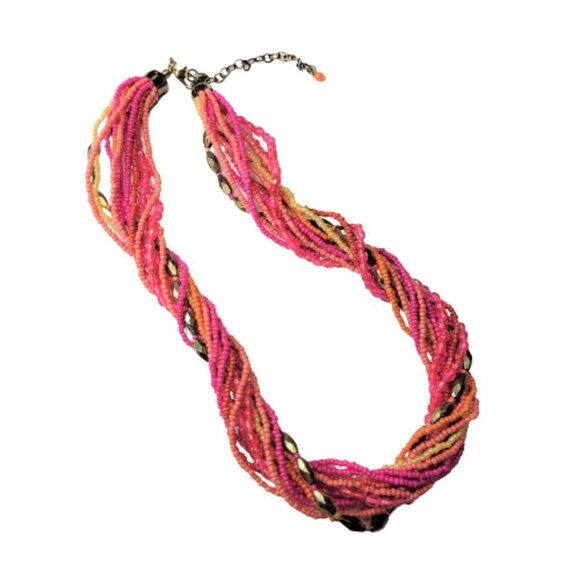 PINK and Orange Necklace, Beaded Twist 13 Strand Bead Necklace - Picture 8 of 10
